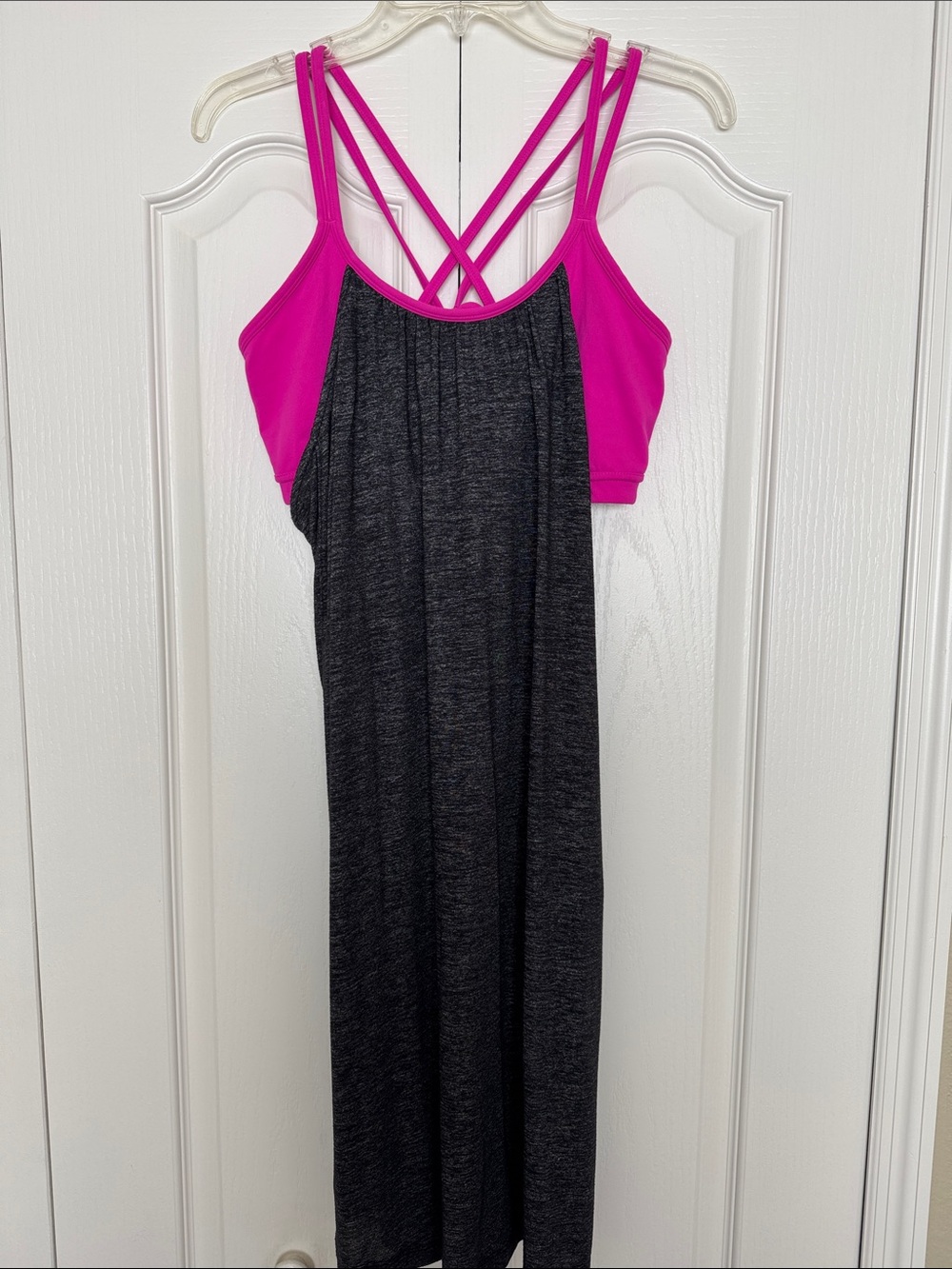 Athleta Hot Pink Strappy Sports Bra Top and charcoal gray dress
